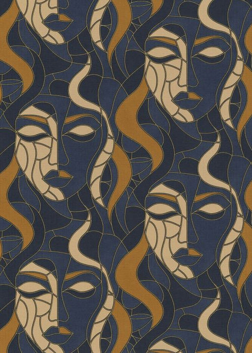 Erismann behang gezichten blauw en bruin - 53 cm x 10.05 m - 662382 - vtwonen shop