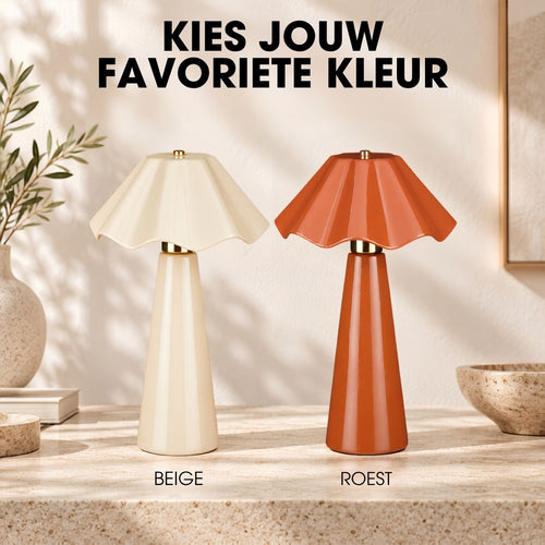Mica Decorations Meera Tafellamp Beige Keramiek - Geschikt voor E27 Lichtbron Max. 60W - IP20 Classificatie voor Binnengebruik - Decoratieve Geplooide