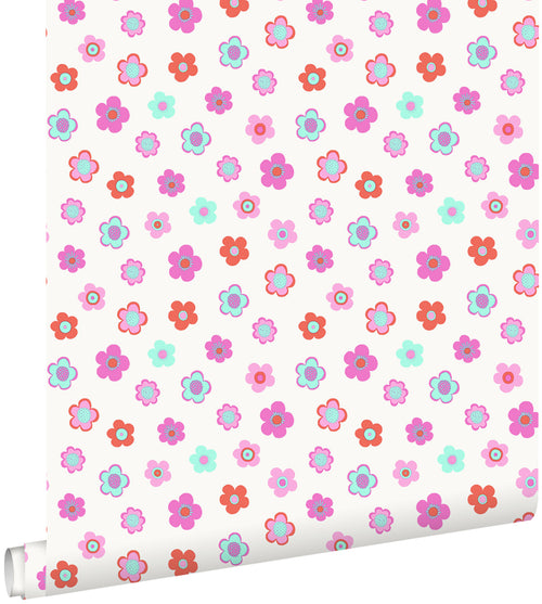 ESTAhome behang vintage bloemetjes roze, turquoise en koraal rood - 53 cm x 10.05 m - 138724
