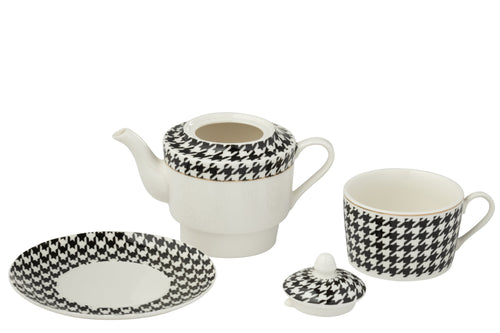 J-Line theepot Pied-Poule - porselein - wit/zwart