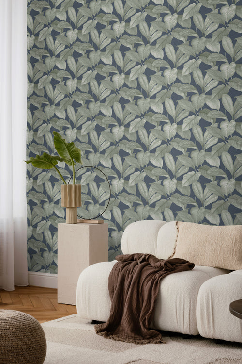 Borastapeter behang bladeren vergrijsd blauw - 53 cm x 10.05 m - 660529 - vtwonen shop