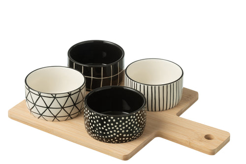 J-Line tapasplank 4 kommen + bambouschaal In Doos - keramiek/hout - wit/zwart