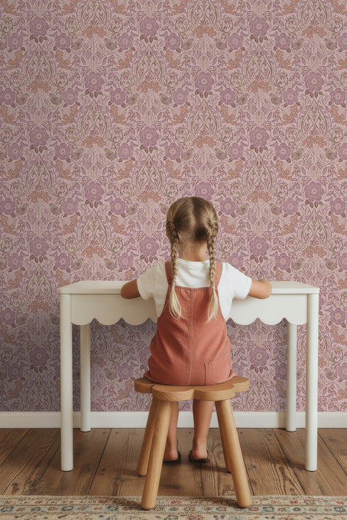 ESTAhome behang bloemen en vogels oudroze en lila paars - 50 x 900 cm - 131209