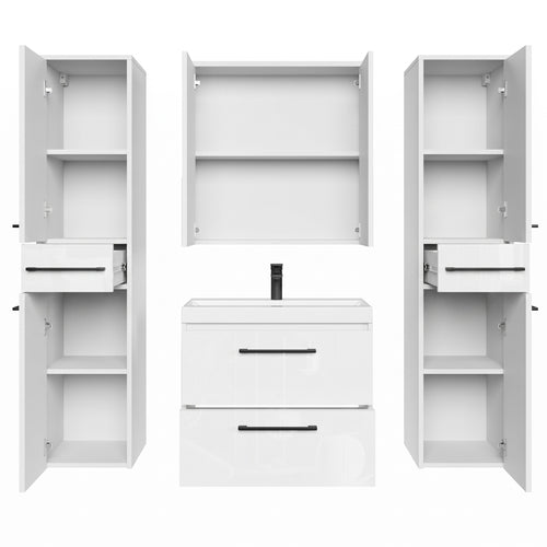 Badplaats Badkamermeubel Set Florence 60 cm XL – Hoogglans Wit – Hangend Badmeubel met Wastafel, Spiegelkast en Zijkasten