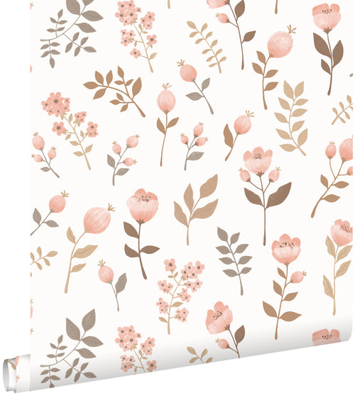 ESTAhome behang bloemen zacht roze en vergrijsd olijfgroen - 0.53 x 10.05 m - 139692 - vtwonen shop