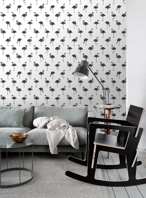 ESTAhome behang flamingo's zwart en wit - 53 cm x 10.05 m - 138993