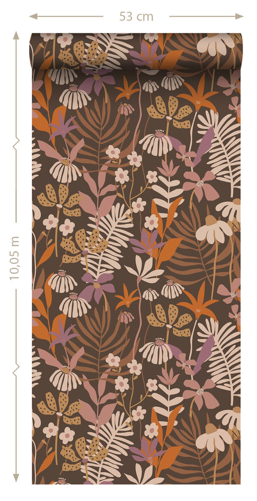 ESTAhome behang tropische bladeren en bloemen bruin, paars en meerkleurig - 50 x 900 cm - 130998 - vtwonen shop