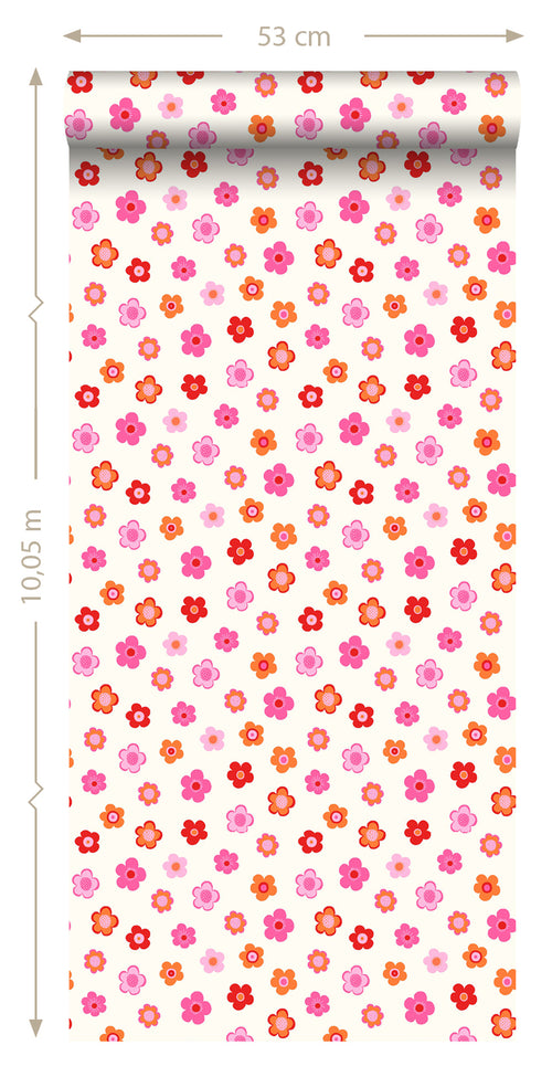 ESTAhome behang vintage bloemetjes roze, koraal rood en oranje - 53 cm x 10.05 m - 138725