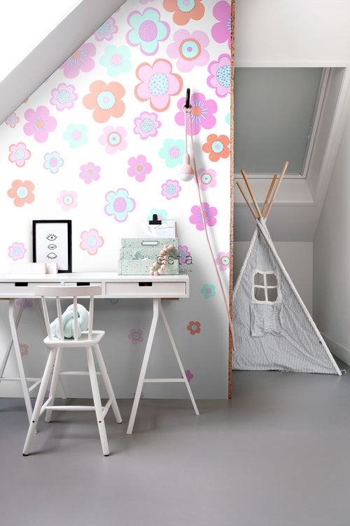 ESTAhome fotobehang vintage bloemen turquoise, roze en paars - 200 x 279 cm - 158709 - vtwonen shop