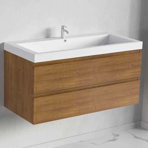 LOMAZOO badmeubelset Avalon - met hoge kast & witte wastafel - warm eiken - 100 cm