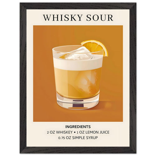Artfulprints Poster met Lijst Whisky Sour cocktail - Ingrediënten   - 30x40 cm - Oranje
