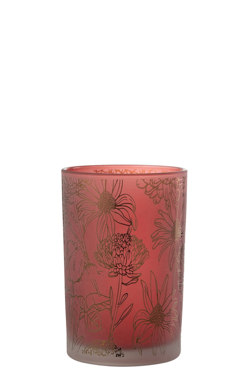 J-Line windlicht bloemen - glas - mat rood/goud - large
