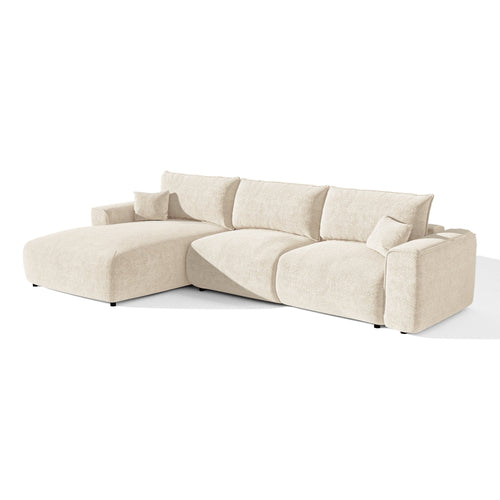 Premium Interiors - Linkshoekbank met slaapfunctie en opbergruimte COMO - bouclé-stof crème 297cm