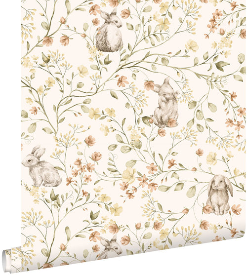 ESTAhome behang toile de jouy konijnen groen, geel en terracotta - 0.53 x 10.05 m - 131704