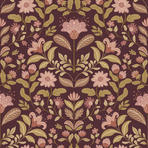 ESTAhome behang vintage bloemen donker paars en groen - 50 x 900 cm - 131894