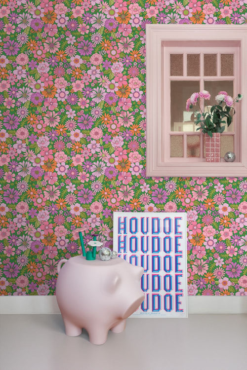 ESTAhome behang retro bloemen groen, paars, roze en oranje - 50 x 900 cm - 131806