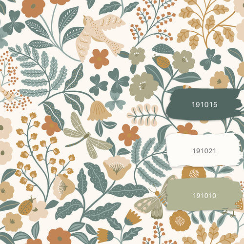 ESTAhome behang bloemen en vogels grijsblauw, olijfgroen en okergeel - 53 cm x 10.05 m - 139865 - vtwonen shop