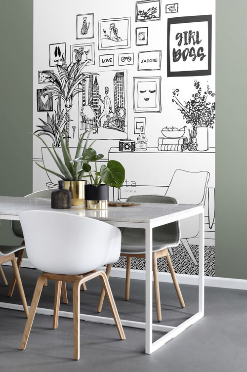 ESTAhome fotobehang tekening woonkamer zwart wit - 186 x 279 cm - 158813 - vtwonen shop