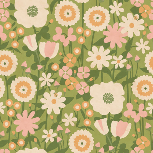 ESTAhome behang retro bloemen groen, roze en oranje - 50 x 900 cm - 132160