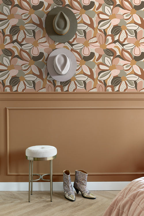 ESTAhome behang bloemmotief terracotta en zacht roze - 50 x 900 cm - 139629 - vtwonen shop