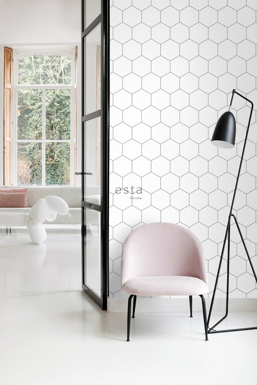 ESTAhome behang hexagon zwart wit - 53 cm x 10.05 m - 139311