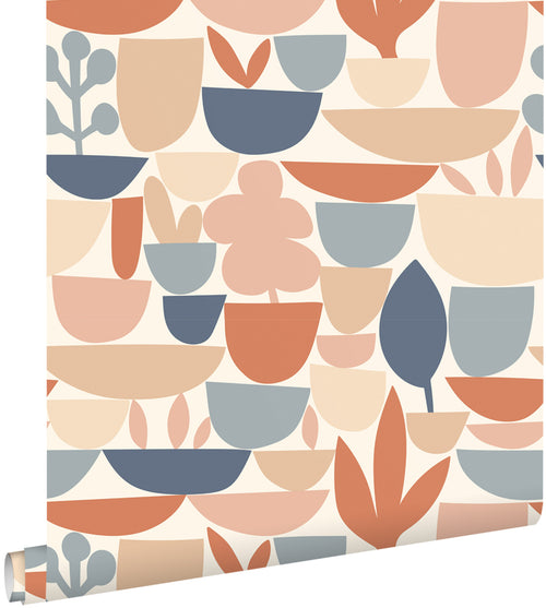 ESTAhome behang aardewerk en planten terracotta en blauw - 50 x 900 cm - 131073 - vtwonen shop