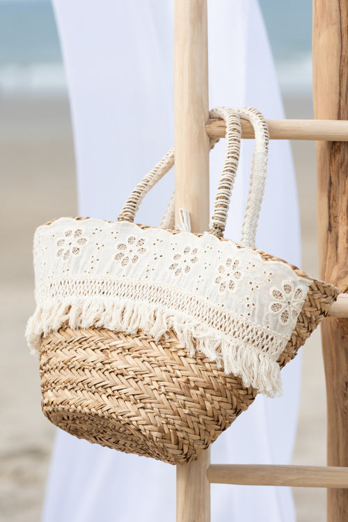J-Line strandtas Bloemen + Franjes - zeegras - naturel/creme - vtwonen shop