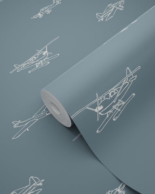 ESTAhome behang helikopters en vliegtuigen vergrijsd blauw - 53 cm x 10.05 m - 139509