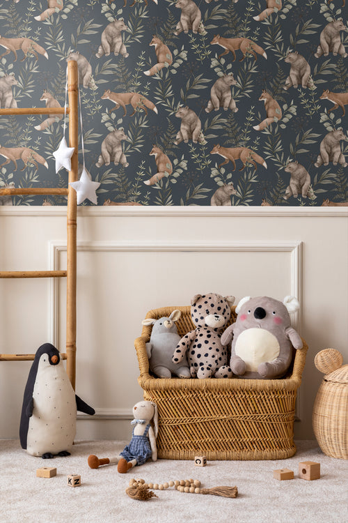 Borastapeter behang bos met bosdieren donkerblauw en bruin - 53 cm x 10.05 m - 660604 - vtwonen shop