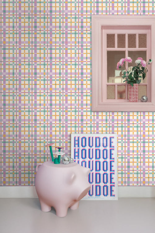 ESTAhome behang ruitjes paars, geel en blauw - 50 x 900 cm - 132047