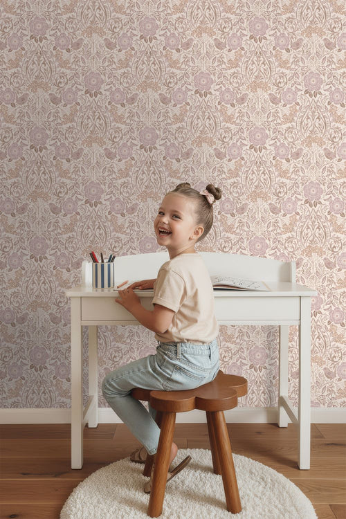 ESTAhome behang bloemen en vogels zand beige en lila paars - 53 cm x 10.05 m - 139829