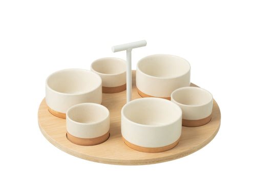 J-Line tapasplank 6 kommen + bambouschaal In Doos - keramiek/hout - wit/naturel