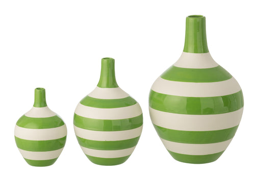J-Line vaas Gestreept - porselein - wit/groen - set van 3