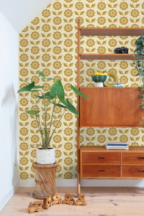 ESTAhome behang bloemen olijfgroen en okergeel - 50 x 900 cm - 130978