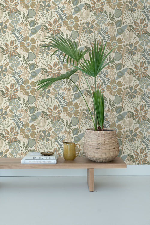 ESTAhome behang bloemmotief beige, blauw en groen - 53 cm x 10.05 m - 139676