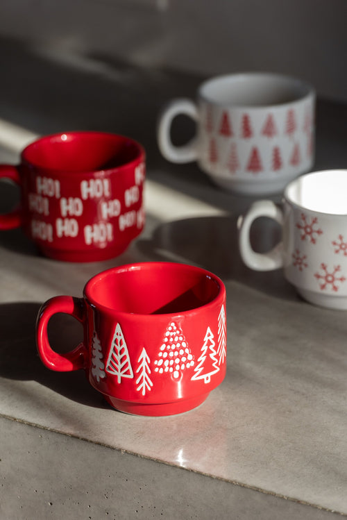 J-Line kopje Kerstmis Dolomiet - keramiek - rood/wit - doos van 4