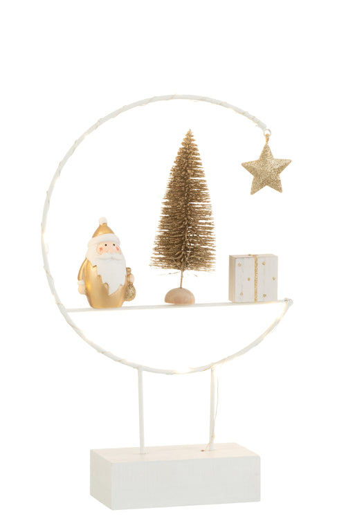 J-Line decoratie Semicirkel Op Voet + Kerstman - hout - wit/goud - LED lichtjes