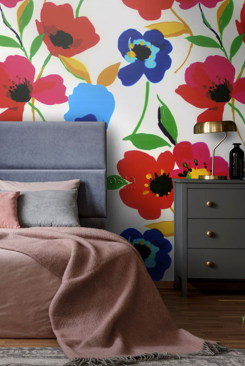 ESTAhome fotobehang klaprozen rood, blauw, geel en groen - 279 x 279 cm - 158007 - vtwonen shop