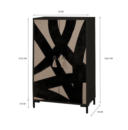 Dressoir van MDF met 2 decoratieve deuren, grafisch zwart-taupe motief