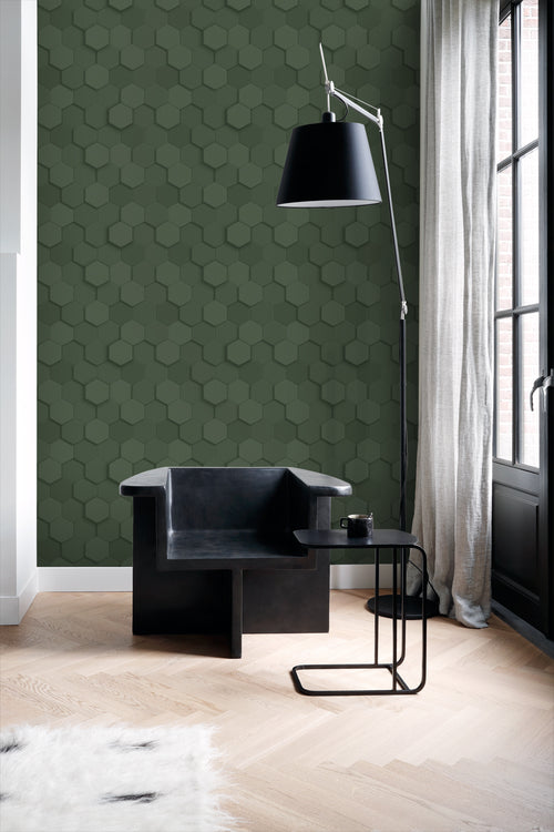 Origin Wallcoverings behang 3d hexagon motief donkergroen - 53 cm x 10.05 m - 347852 - vtwonen shop
