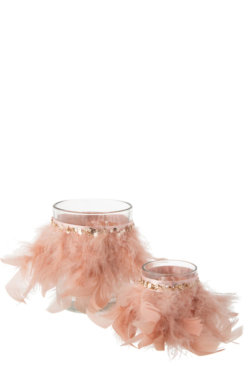 J-Line theelichthouder Veren - glas - lichtroze/transparant - large