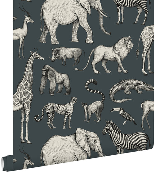 ESTAhome behang jungle dieren vergrijsd blauw en grijs - 53 cm x 10.05 m - 139272