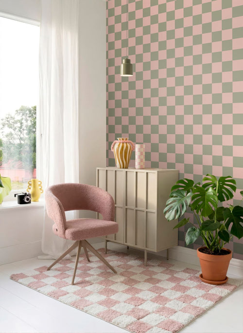 ESTAhome behang geblokt motief groen en roze - 50 x 900 cm - 131999