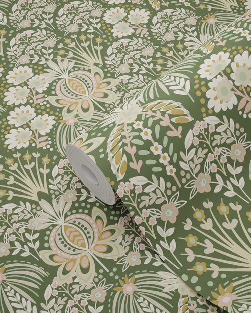 ESTAhome behang vintage bloemen in art nouveau stijl donkergroen - 50 x 900 cm - 130972
