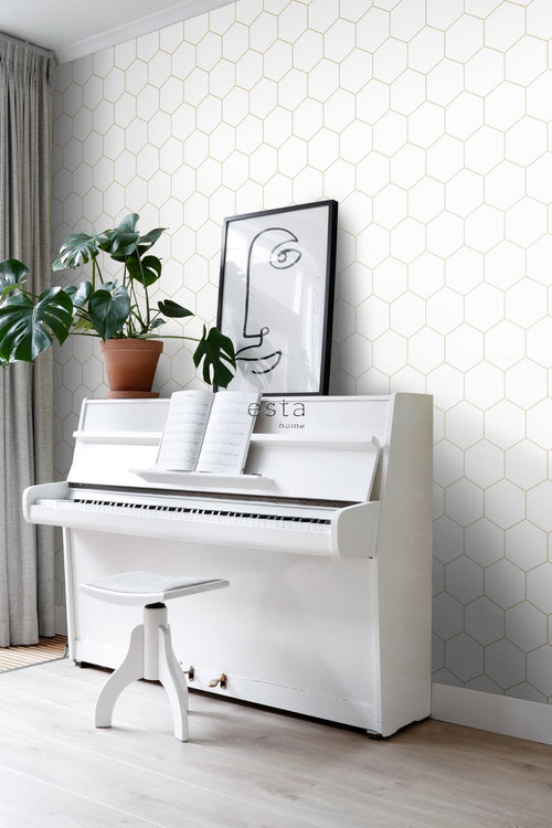 ESTAhome behang hexagon wit en goud - 53 cm x 10.05 m - 139312