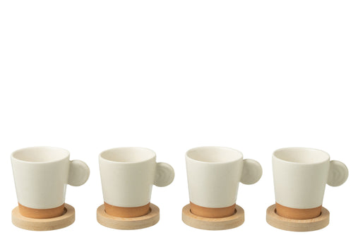 J-Line koffietas Met Oor + Bamboubasis - keramiek - wit/naturel - doos van 4