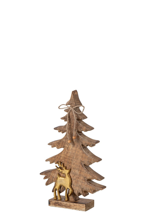 J-Line dennenboom met rendier - mangohout - naturel/goud - small
