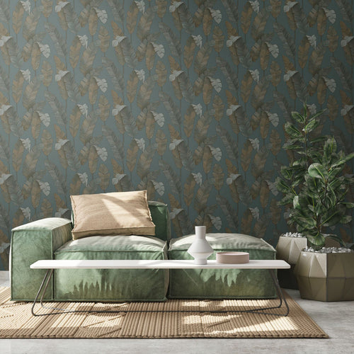 Livingwalls behang bladeren petrolblauw, groen en bruin - 53 cm x 10.05 m - AS-392183