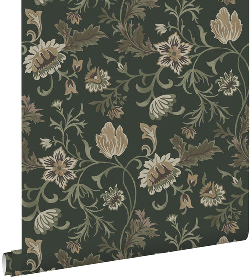 ESTAhome behang vintage bloemen zwart en groen - 53 cm x 10.05 m - 139417