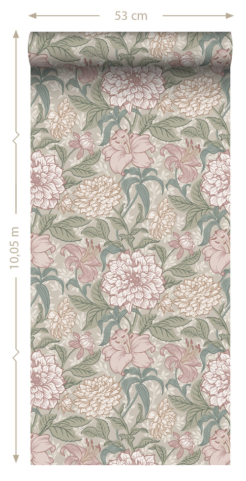 ESTAhome behang vintage bloemen oudroze en vergrijsd groen - 0,53 x 10,05 m - 139377 - vtwonen shop